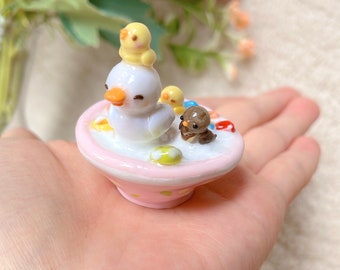 Duck Family with Ducklings on a Rainbow Cereal Bowl Clay Figure Desk Friend | Duck Desk Decor | mini handmade ornament | Duck lover gift