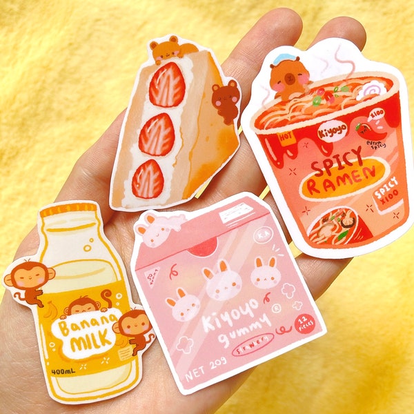 Die-Cut Vinyl Sticker Set - Cute Desserts and Snacks Banana Milk Monkeys, Capybara in Ramen, Strawberry Bear Sandwich, Bunnies Gummy Candy