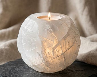 Natural Selenite Tealight Holder, Crystal Candle Holder, White Stone Candle Decor, Handmade Home Décor, Meditation Space Accent