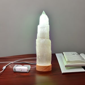 Selenite Tower Lamp with LED: Natural Crystal Night Light