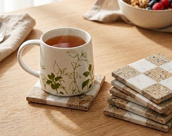 Fossil Stone Coasters Set of 6, White Marble Checker Coasters, Square Tea Coffee Coasters, Natural Stone Home Decor Gift