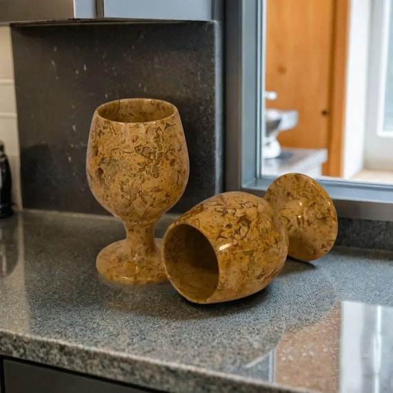 Handcrafted Fossil Stone Goblet Set - Elegant Home Accent