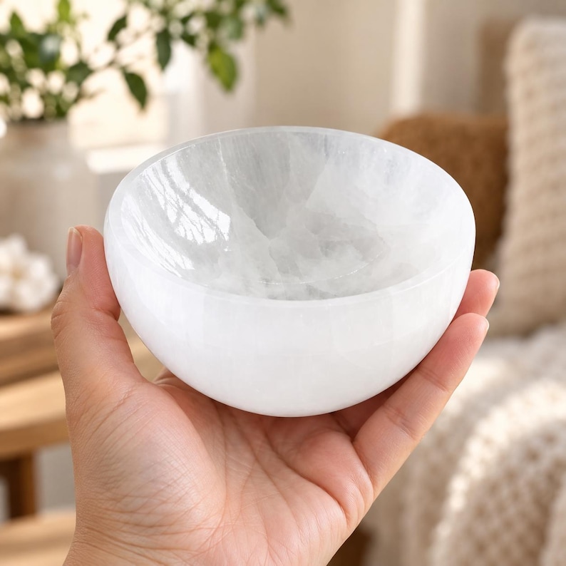 May include: A small, round, white bowl carved from polished selenite crystal. The bowl features a smooth, glossy exterior and a translucent, fibrous interior texture with natural crystalline patterns visible throughout the stone surface.