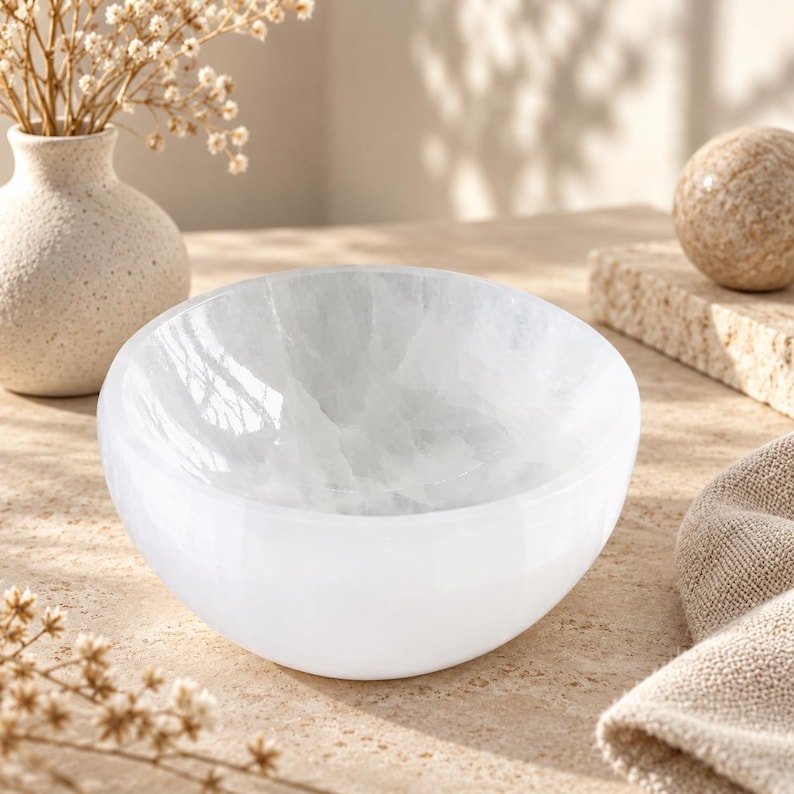 May include: A polished white selenite bowl with a smooth, rounded exterior and a translucent, crystalline interior texture. The bowl features a deep, curved basin and a solid, opaque white base, showcasing natural mineral veining throughout.
