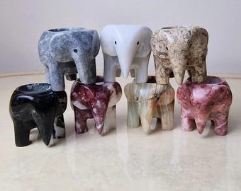 Hand-Carved Onyx Elephant Tea Light Holder: Natural Stone Altar Decor