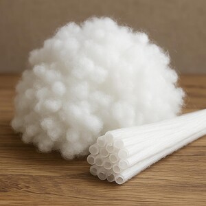 Puede incluir: Primer plano de un material de relleno blanco y esponjoso y un paquete de tubos de pl&aacute;stico blancos y huecos. Los tubos est&aacute;n agrupados y miden aproximadamente 25 cm de largo.