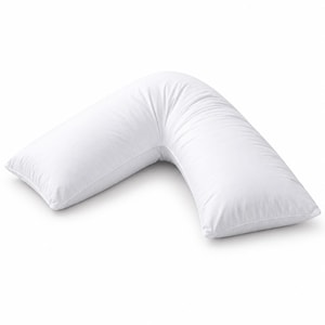 May include: A white V-shaped pillow with a smooth, solid-colored fabric cover. The pillow features a distinct angled design that creates two elongated arms meeting at a central point, providing a structured shape for support and comfort.