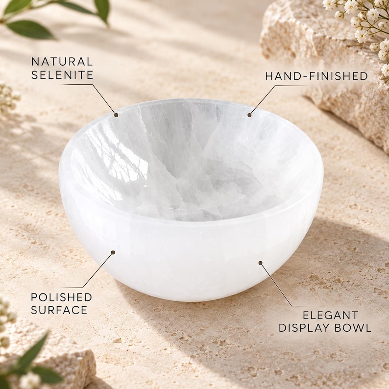 May include: A white, round bowl made of natural selenite with a polished surface. The bowl is hand-finished and serves as a display bowl. Text labels on the image identify the object as natural selenite, hand-finished, polished surface, and display bowl.