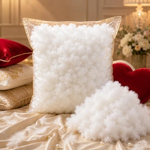 May include: A square, transparent plastic pillow cover filled with white, fluffy, cloud-like stuffing material. The cover is clear, allowing the dense, textured white filling to be fully visible. A separate pile of the same white stuffing sits in front.