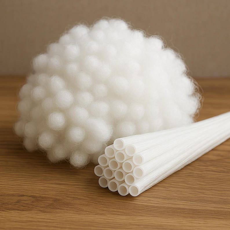 Puede incluir: Un paquete de tubos de pl&aacute;stico blanco con una bola de relleno de fibra blanca y esponjosa.