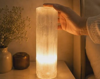 Selenite Crystal Cylinder Lamp, Natural Selenite Table Light, Crystal Night Light, Home Decor, Meditation Room Gift