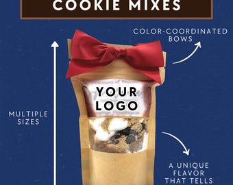 May include: A brown paper bag filled with cookie mix, topped with a red bow. The bag has a clear window with the text "YOUR LOGO". Text on the image reads "CORPORATE EVENT COOKIE MIXES", "MULTIPLE SIZES", and "A UNIQUE FLAVOR THAT TELLS YOUR STORY".
