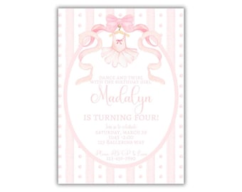 May include: A pink and white invitation card with a ballet theme. The card features a watercolor illustration of a ballet dress, bow, and ribbons. Text includes "Dance and Twirl with the Birthday Girl" and "Madalyn is Turning Four!"