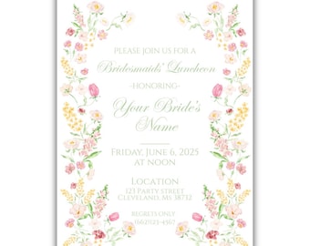 Könnte beinhalten: Eine weiße Einladungskarte mit floralen Aquarellillustrationen. Der Text lautet "Please join us for a Bridesmaids' Luncheon -Honoring- Your Bride's Name" mit Datum, Uhrzeit und Ortsangaben. Die Karte ist mit rosa, gelben und grünen Blumen verziert.