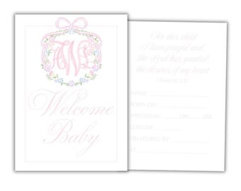 Girls Hospital Information Card/Welcome Baby/Milestone Cards with Custom Floral Wreath