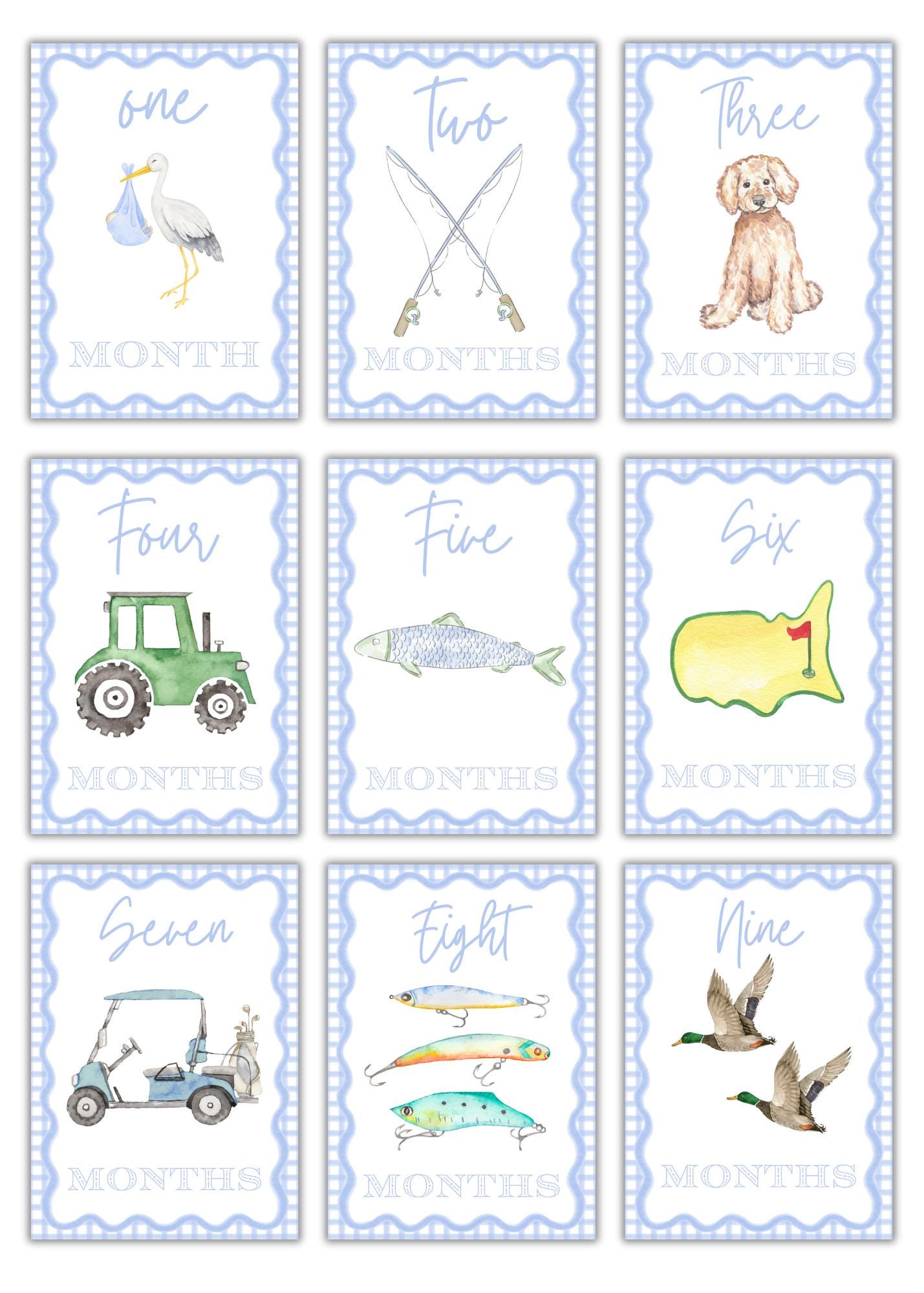 Boys Blue Gingham Milestone Cards Outdoor Fun