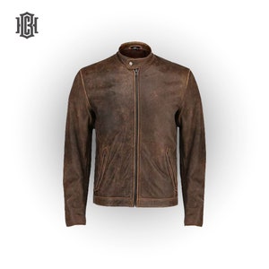 Chaqueta de cuero marrón para hombre - Cafe Racer Real piel de cordero  chaqueta de motocicleta envejecida