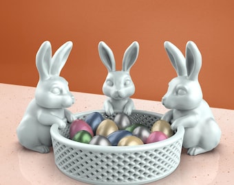 3D Easter Bunny Basket, 3 Rabbit Model, Easter Egg Gifts, Bunny Basket, Easter Basket, Planter, Ready to Print, 3D STL File Digital Download