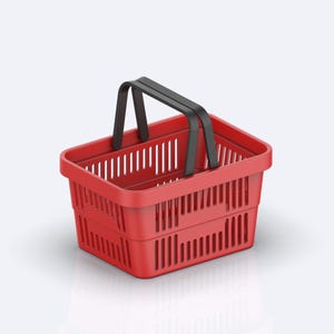 May include: A red plastic shopping basket with black handles. The basket is empty and has a grid pattern.