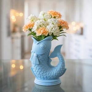 Pode incluir: Um vaso azul claro em forma de peixe cheio de flores brancas e pêssego. O vaso tem um padrão de escamas detalhado e uma barbatana e cauda decorativas. As flores são uma mistura de cravos e outras flores, criando um arranjo floral colorido.