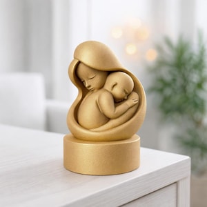 May include: A gold-colored sculpture of a mother cradling a baby. The figures are stylized with closed eyes, suggesting peace and serenity. The sculpture sits on a cylindrical base, and the overall design is smooth and flowing.