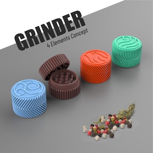 May include: Four different colored grinders with a variety of designs. The grinders are labeled "GRINDER 4 Elements Concept".