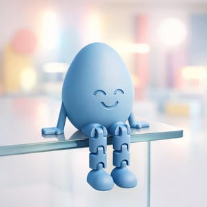 May include: A light blue, egg-shaped figurine with a smiling face, arms, and articulated legs. The figurine is sitting on a clear glass surface. The background is blurred with soft colors.