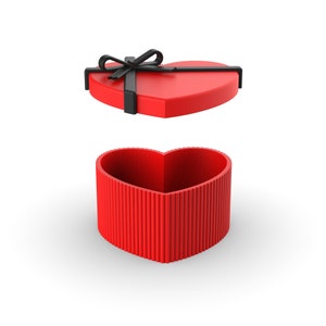 May include: An open red heart-shaped gift box with a black ribbon. The box is empty and ready to be filled with a special gift.