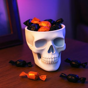 Op de afbeelding: Een witte, schedelvormige keramische kom gevuld met oranje en zwart verpakte snoepjes. Er liggen verschillende snoepjes verspreid rond de basis van de kom. De Halloween-kom heeft een gedetailleerde gezichtsstructuur.