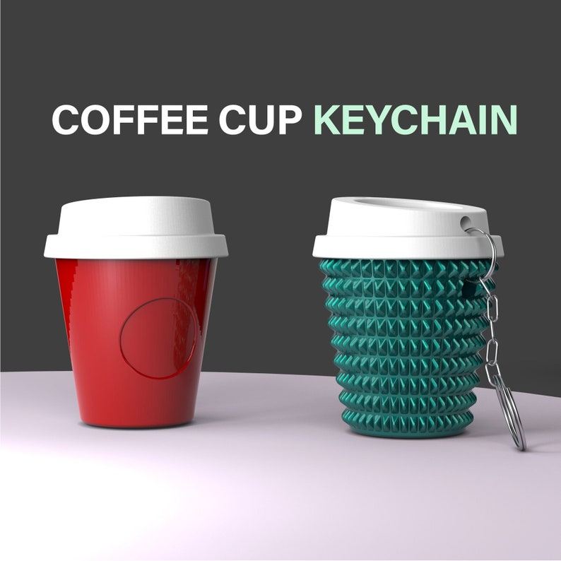 May include: Two coffee cup keychains. One keychain is red and the other is green with a spiky texture. The text 'COFFEE CUP KEYCHAIN' is displayed above the keychains. Coffee Cup Keychain, 3D Pill Boxes, 2 Model Studded & Regular, Removable Screws, like Tumbler, Ready to Print, 3D STL File Digital Download