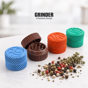 May include: Four cylindrical herb grinders in blue, brown, orange, and teal, each featuring a textured exterior and a top embossed with a swirl design. The brown grinder is open, revealing internal teeth. Text reads GRINDER 4 Elements Concept.