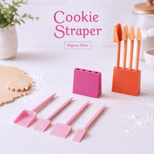 Conjunto de ferramentas para raspar e marcar biscoitos; 4 peças e suporte, ferramenta para biscoitos impressa em 3D, utensílio de confeitaria impresso em 3D, suporte para raspador de biscoitos, arquivo STL 3D para download digital.