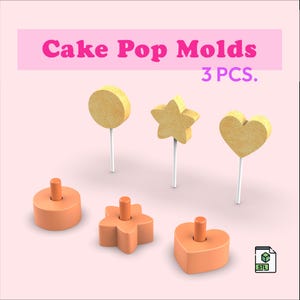May include: Three 3D printed cake pop molds in the shapes of a circle, star, and heart. The molds are orange and are shown on a pink background. The text "Cake Pop Molds 3 PCS." is displayed above the molds.