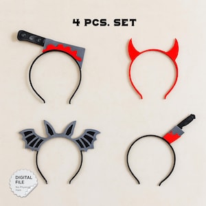 Halloween Party HeadBands Set; Devil, Bat, Cleaver, Knife Figures, Funny HeadBands, Party, Surprise & Gift, 3D STL Digital Download, BOO!