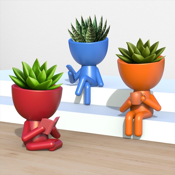 3D Human Planter Set, Plant Buddy Planter, Robert Succulent Plant Pot, People Vase, Book - Coffee - Phone Them, 3D STL File Digital Download
