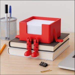 Könnte beinhalten: Ein roter Schreibtisch-Organizer in Form einer Box mit Beinen und Armen, der einen Stapel weißer Notizzettel enthält. Der Organizer sitzt auf zwei Büchern. Stifte, Bleistifte und Bürobedarf sind im Hintergrund zu sehen.