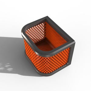 May include: A modern, angular desk organizer with a black frame and orange honeycomb mesh sides. The interior is also orange, creating a striking contrast. The design is sleek and contemporary, suitable for office or home use.