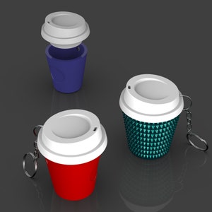May include: Three different styles of coffee cup keychains. One is blue with a white lid, one is red with a white lid, and one is green with a white lid and a silver chain.