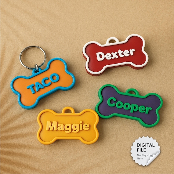 Custom Bone Pet Tag, Dog or Cat, Pet ID Tag, Personalized Bone ID Tag, Pet Gift Keychain, for Animal Lovers, 3D STL File Digital Download