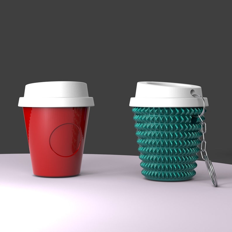 May include: Two reusable coffee cups, one red with a white lid and one green with a white lid and a metal chain attached.