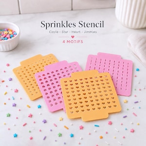 Conjunto de estênceis 3D com 4 motivos (círculo, estrela, coração e confeitos) para decoração de bolos, biscoitos e pasta americana. Download digital em 3D no formato STL.
