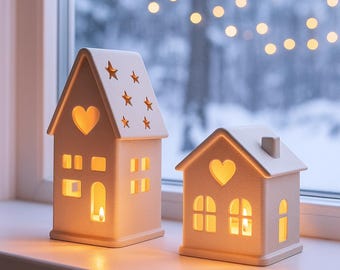 Christmas House Candle Holder Set | 2 pcs Cozy Village Decor | Heart Window Design | 3D STL File - Digital Download