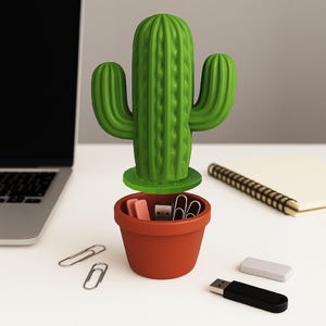 May include: A green cactus-shaped desk organizer with a red pot base. The organizer holds paperclips, erasers, and a USB drive. The desk accessory is on a white surface with a laptop and notebook in the background.