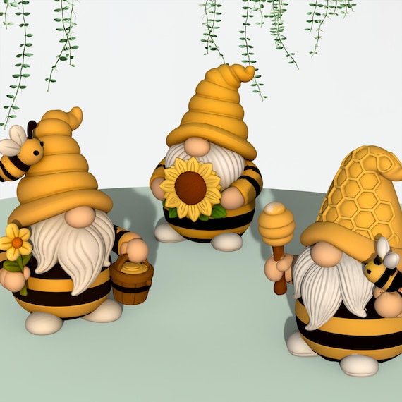 Bee Gnome Figures, 3 pcs. Spring Gnome, Bumble Bee HoneyComb, Cute Garden Gnome, Sunflower, Hive & Bee Figurines, 3D STL Digital Download