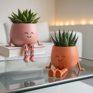 May include: Two whimsical, smiling plant pots with attached legs. One is peach-colored and sits on a book, the other is orange. Both pots hold green succulents. The pots have arms and legs, adding a playful touch to the decor.