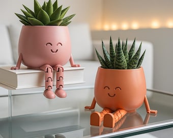 Flexible Legs Happy Face Planter, Articulated Smiley Face Plant Pot, Book Coffee Buddy, Cactus - Succulent, 3D STL File Digital Download