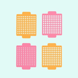May include: Four different stencils, each with a different pattern. The top left stencil is orange and has a pattern of white stars. The top right stencil is pink and has a pattern of white circles. The bottom left stencil is pink and has a pattern of white vertical lines. The bottom right stencil is orange and has a pattern of white hearts.