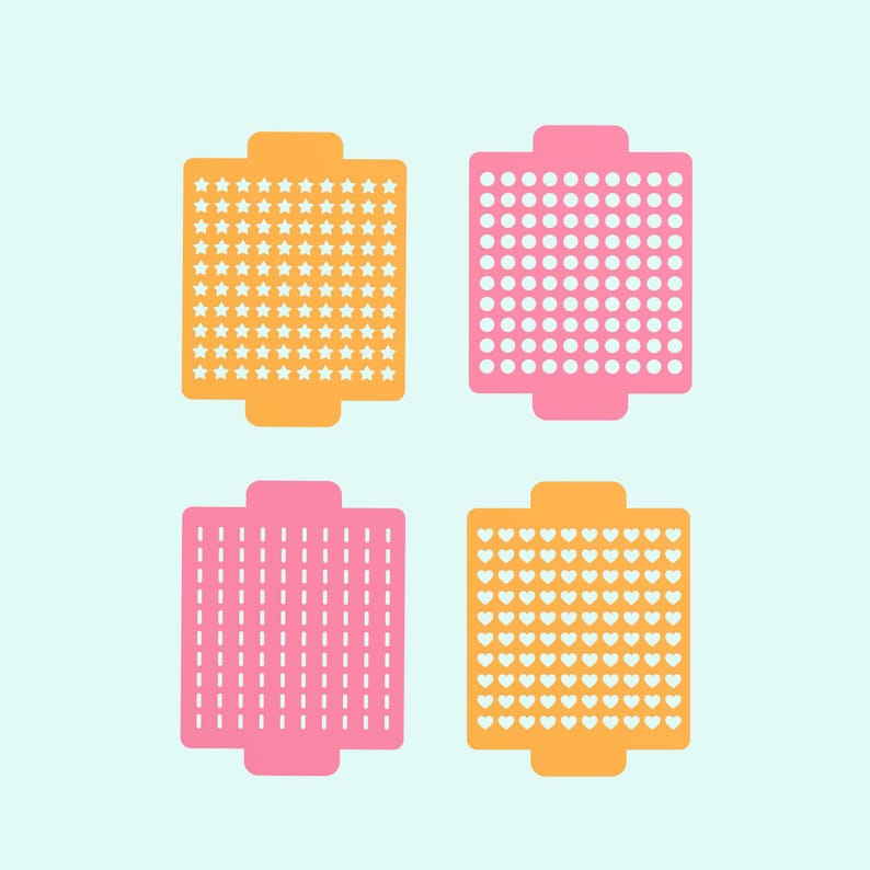 May include: Four different stencils, each with a different pattern. The top left stencil is orange and has a pattern of white stars. The top right stencil is pink and has a pattern of white circles. The bottom left stencil is pink and has a pattern of white vertical lines. The bottom right stencil is orange and has a pattern of white hearts.