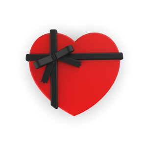 May include: A red heart-shaped box with a black ribbon and bow. The box is tied with a black ribbon and bow.
