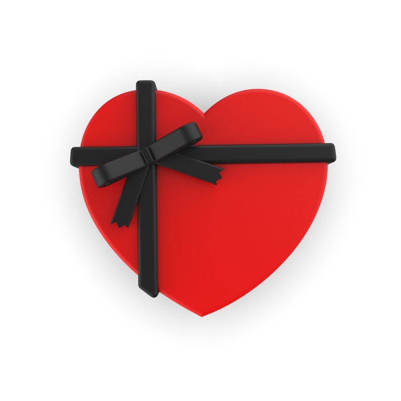 May include: A red heart-shaped box with a black ribbon and bow. The box is tied with a black ribbon and bow.